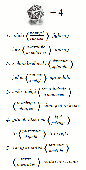 kostka dwudziestościenna ÷ 4 i tabela dla 3. i 4. wersu